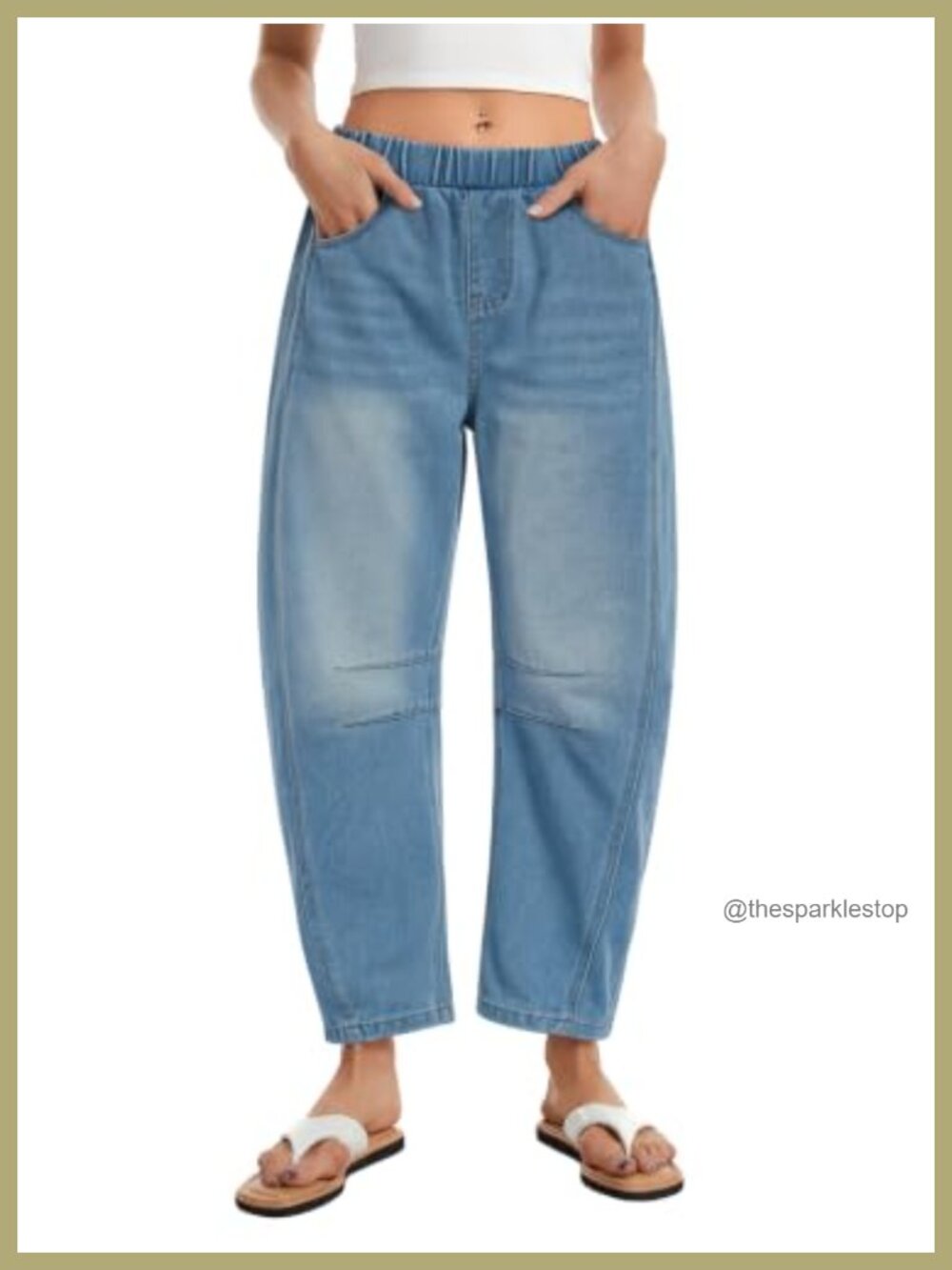 Womens Barrel Denim Jeans Baggy Wide Leg Elastic Waist Pockets Ankle Length